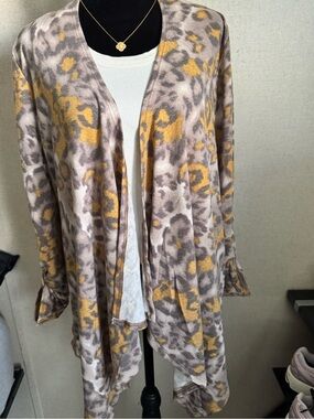 Mystree Boutique Taupe Mustard Animal Print Open Front Cardigan